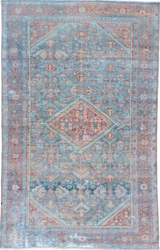 4' x 6' one-of-a-kind handmade vintage Mahal small size rug. Color palette: dark gray, gray, light blue, light gray