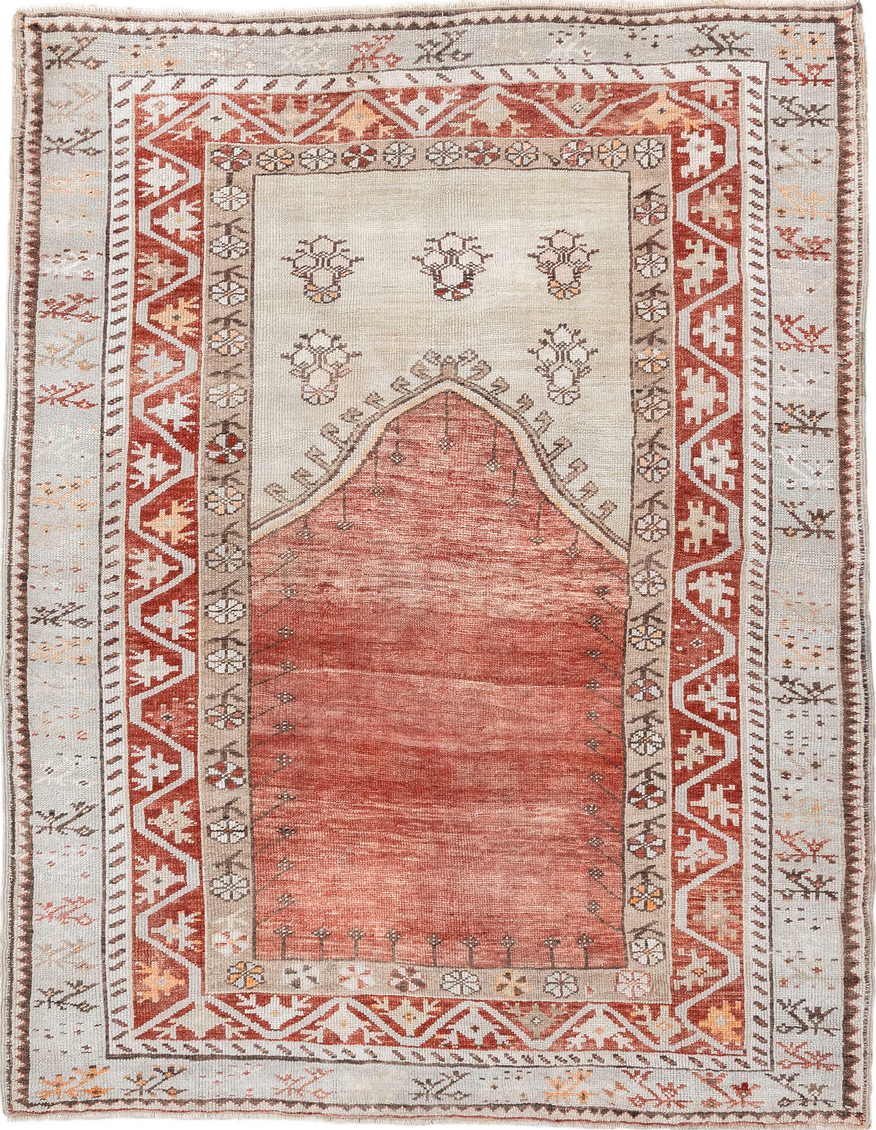 4' x 5' one-of-a-kind handmade vintage Anatol small size rug. Color palette: antiquewhite, brown, gray, light gray, linen