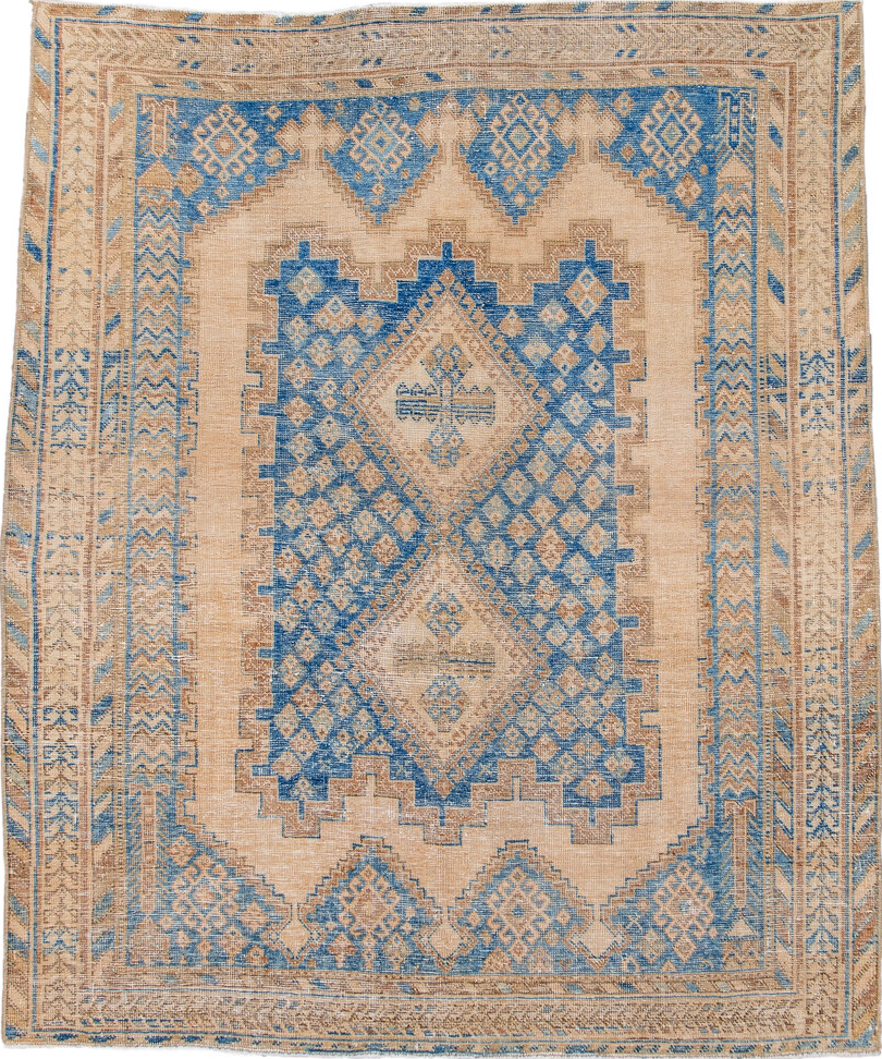 4' x 5' one-of-a-kind handmade vintage Afshar small size rug. Color palette: black, blue, brown, gray, light blue