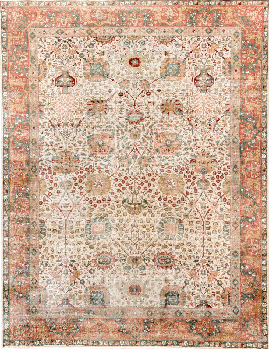 12' x 16' one-of-a-kind handmade vintage Agra oversize rug. Color palette: antiquewhite, brown, gray, light gray, off-white