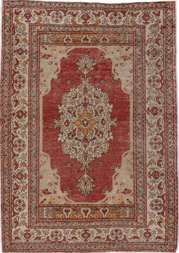4' x 6' one-of-a-kind handmade vintage Oushak small size rug. Color palette: brown, gray, light gray, pink, red, redwood