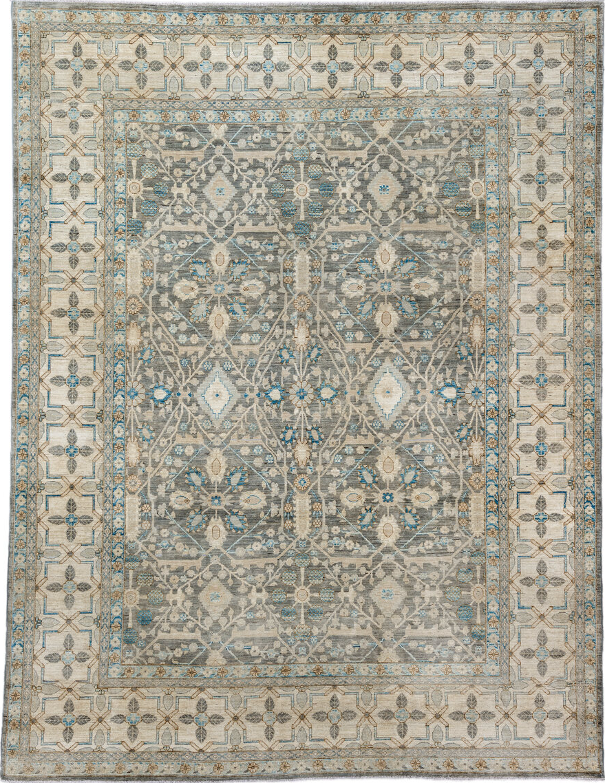 9' x 11' one-of-a-kind handmade vintage Oushak large size rug. Color palette: blue, brown, gray, light gray, off-white