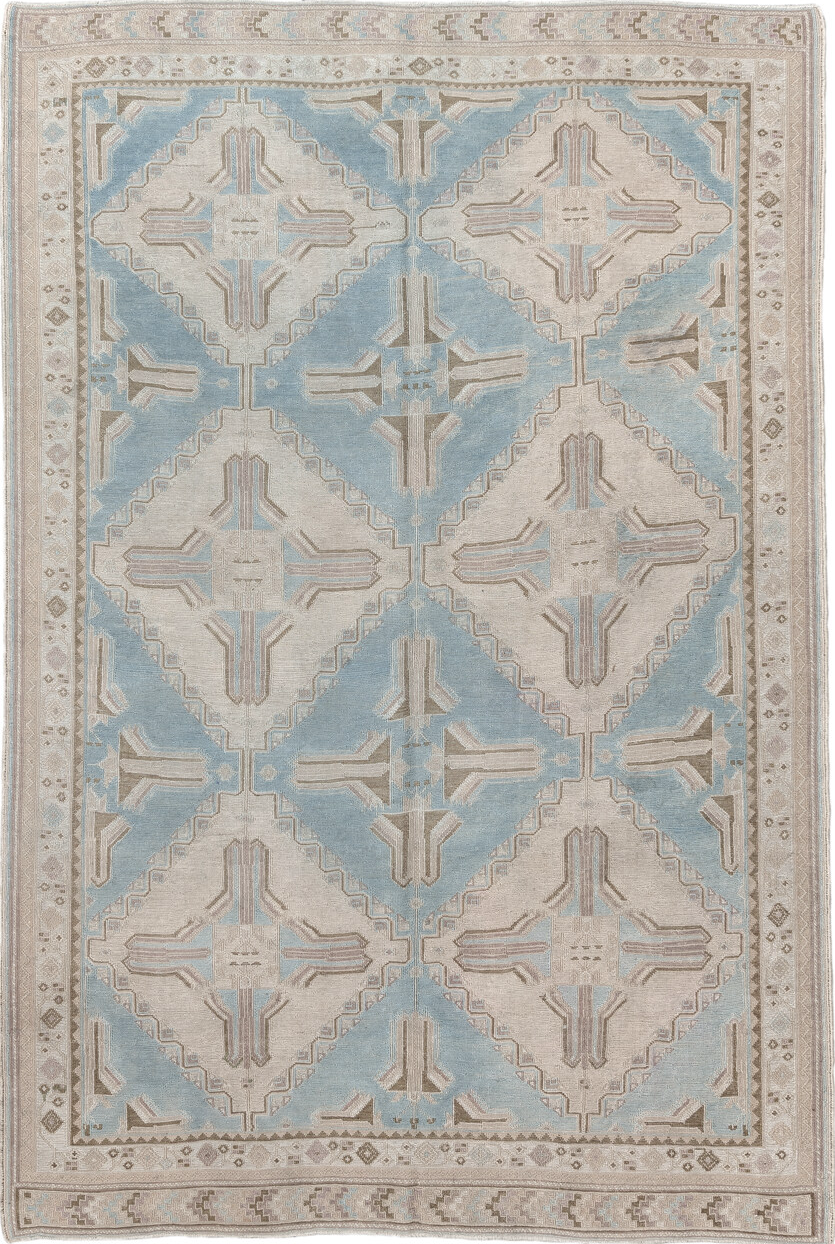 5' x 7' one-of-a-kind handmade vintage Sumak rug. Color palette: blue, dark gray, gray, light gray, off-white, pink, silver