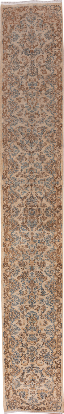 2' x 17' one-of-a-kind handmade vintage Kerman runner rug. Color palette: brown, gray, off-white, orange, snow, white