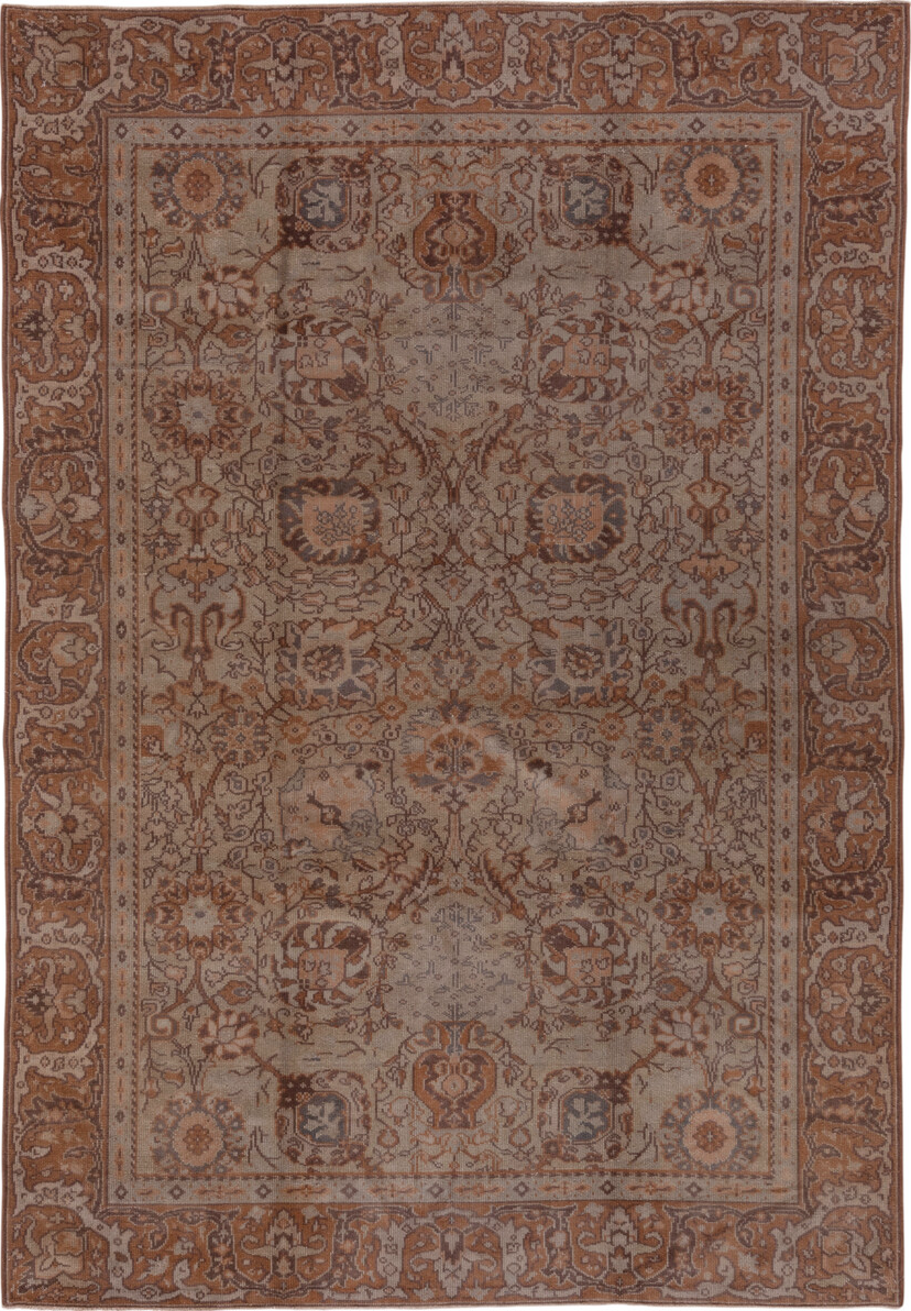 6' x 9' one-of-a-kind handmade vintage Sivas medium size rug. Color palette: brown, gray, pink, redwood