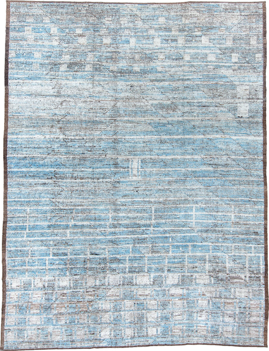 9' x 12' one-of-a-kind handmade vintage Tulu large size rug. Color palette: blue, dark gray, dim gray, gainsboro, gray