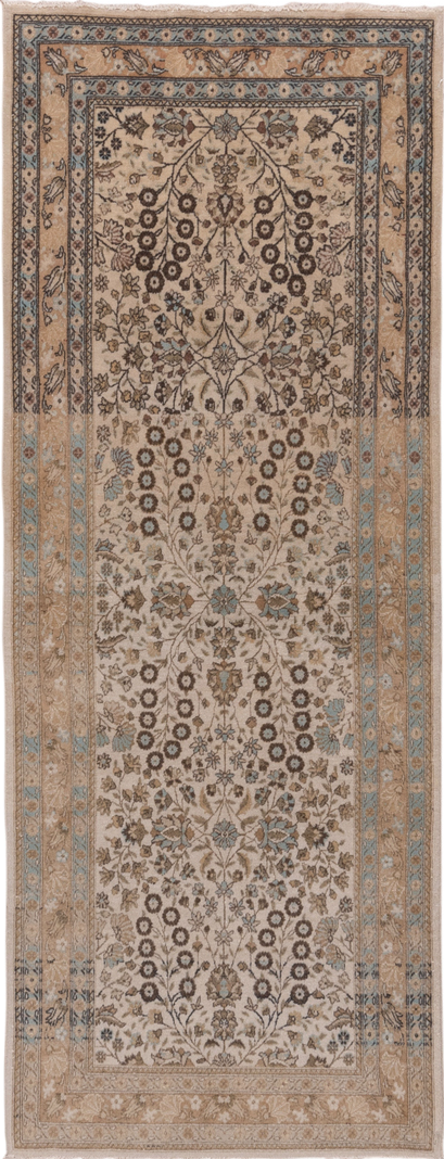 3' x 7' one-of-a-kind handmade vintage Sivas runner rug. Color palette: black, brown, gray, light gray, off-white, pink