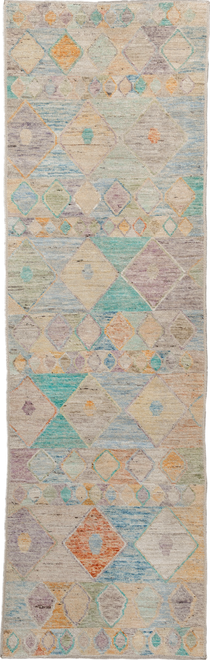 3' x 9' one-of-a-kind handmade vintage Tulu runner rug. Color palette: off-white, orange, brown, light gray, gray, blue