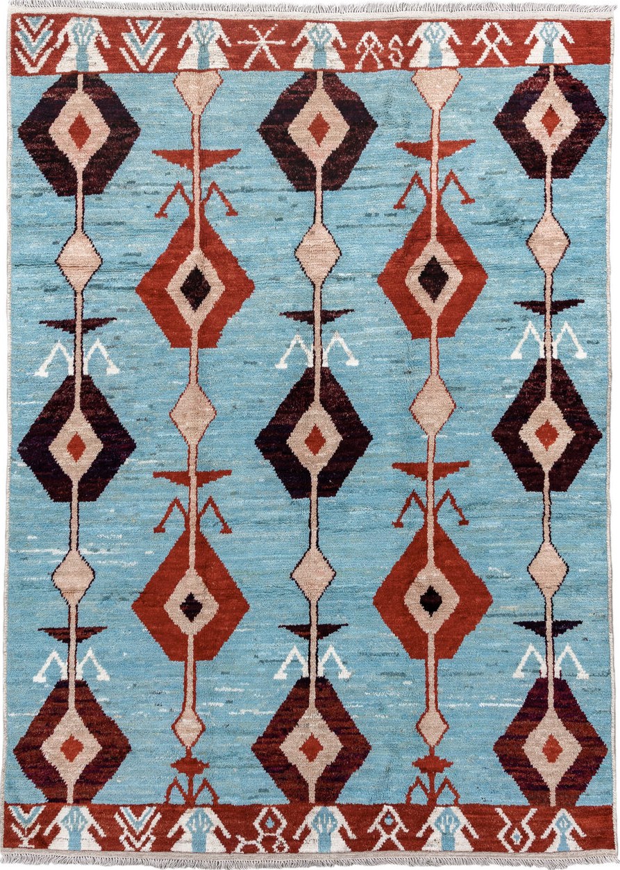 6' x 9' one-of-a-kind handmade vintage Tulu medium size rug. Color palette: blue, brown, gainsboro, gray, light blue