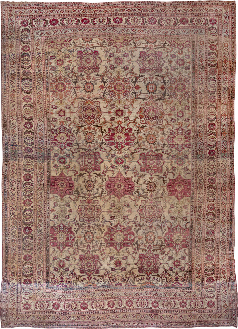 13' x 18' one-of-a-kind handmade vintage Lavar oversize rug. Color palette: brown, gray, light gray, off-white, pink, red