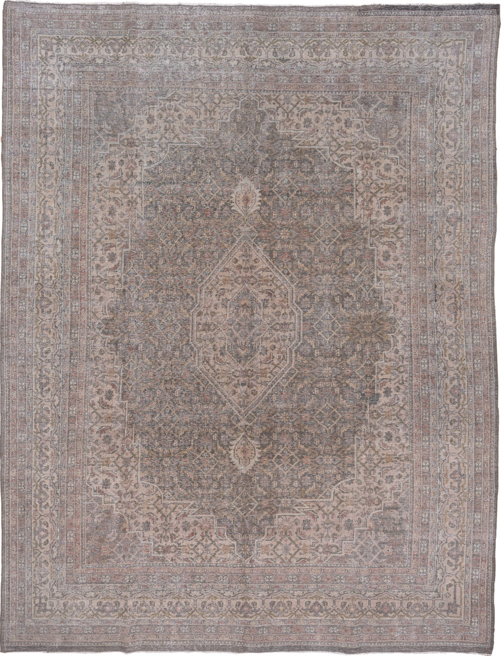 9' x 12' one-of-a-kind handmade vintage Mahal large size rug. Color palette: dark gray, dim gray, gray, light gray