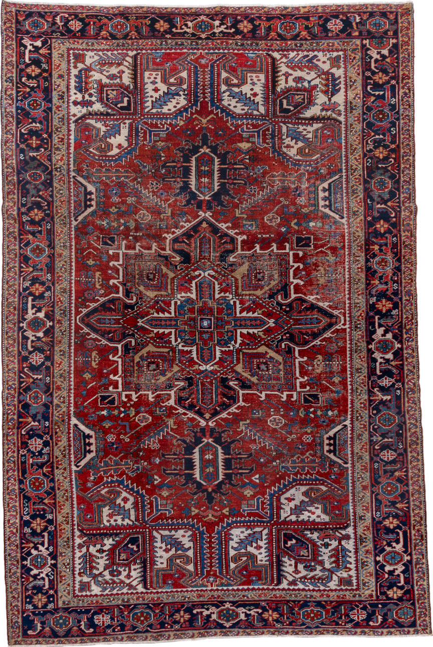 7' x 11' one-of-a-kind handmade vintage Heriz large size rug. Color palette: blue, brown, dim gray, fiord, gray, light gray