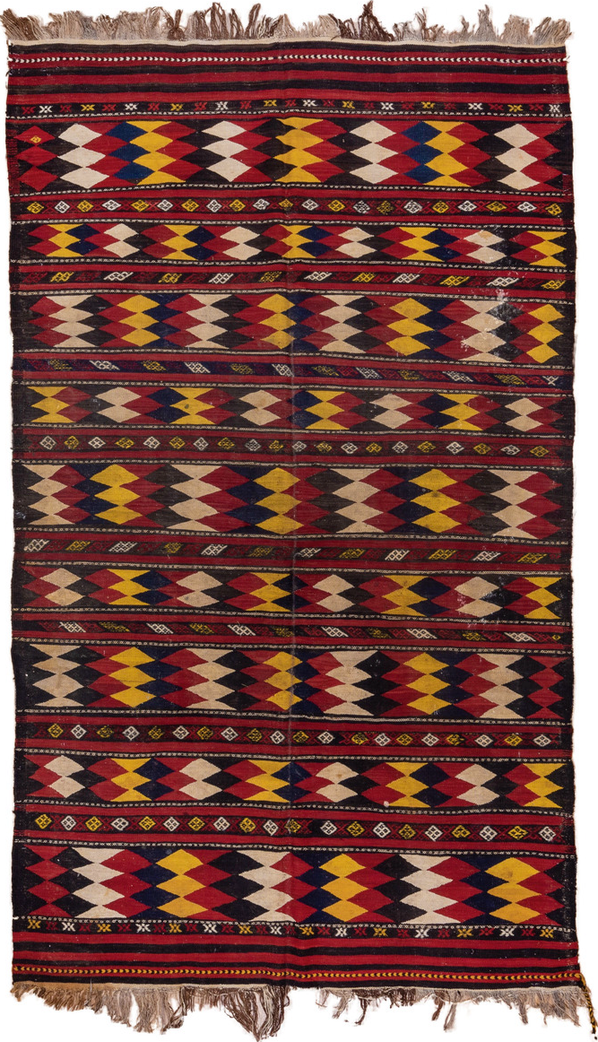 5' x 10' one-of-a-kind handmade vintage Kilim medium size rug. Color palette: black, brown, gray, light gray, off-white