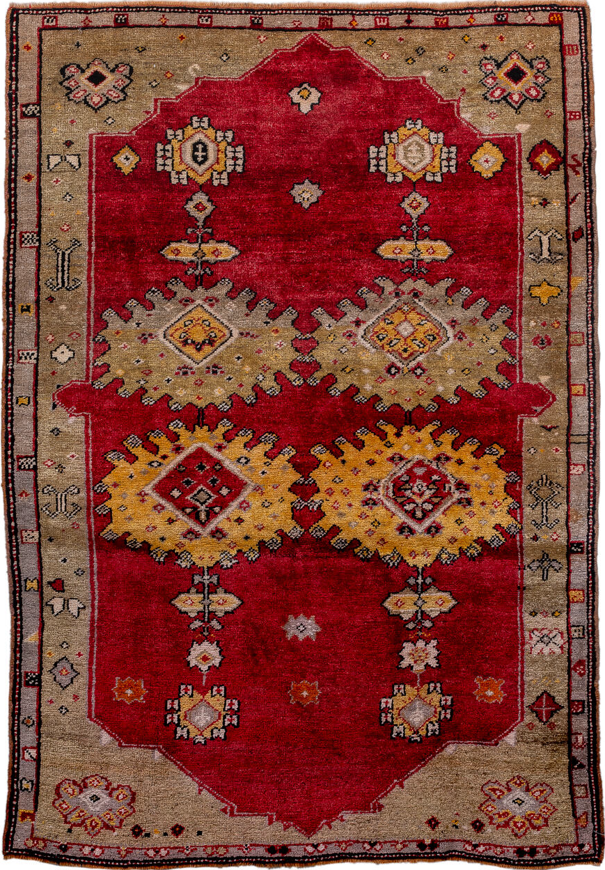 4' x 5' one-of-a-kind handmade vintage Anatol small size rug. Color palette: brown, dark red, gray, light gray, navajo white