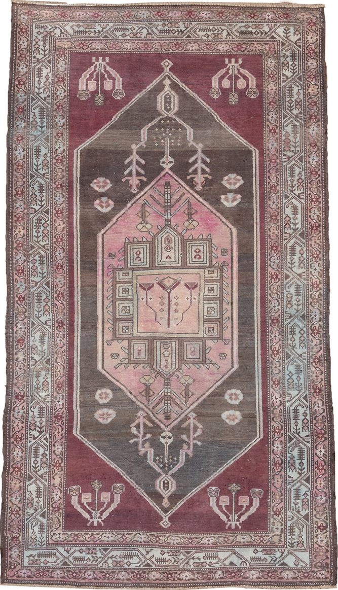 4' x 7' one-of-a-kind handmade vintage Malayer rug. Color palette: black, brown, dark gray, gray, light gray, off-white