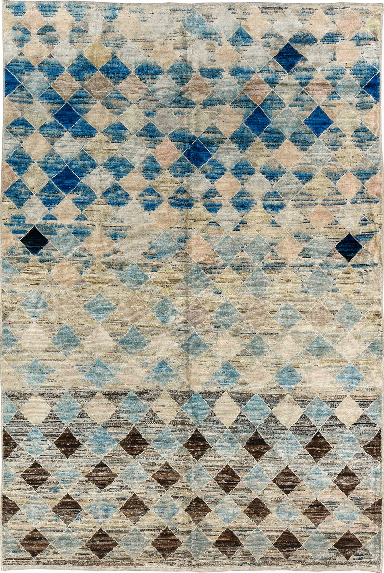 6' x 9' one-of-a-kind handmade vintage Tulu medium size rug. Color palette: blue, brown, gainsboro, gray, light blue