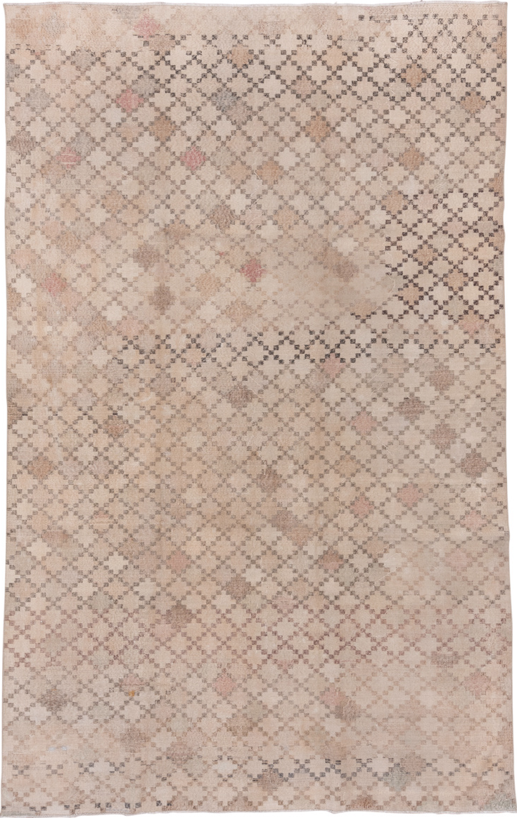6' x 10' one-of-a-kind handmade vintage Oushak large size rug. Color palette: brown, gray, light gray, off-white, pink