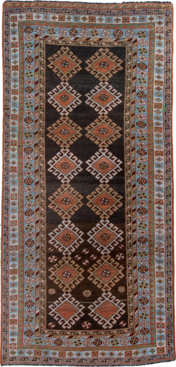 3' x 7' one-of-a-kind handmade vintage Gabbe runner rug. Color palette: black, blue, brown, dark gray, gray, light gray