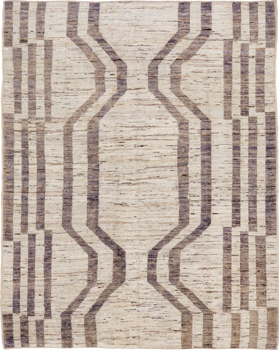 6' x 8' one-of-a-kind handmade vintage Tulu medium size rug. Color palette: brown, gray, light gray, off-white, pink