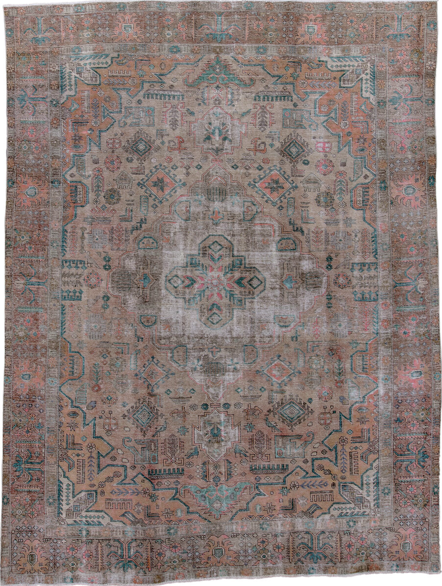 10' x 14' one-of-a-kind handmade vintage Distressed large size rug. Color palette: gray, brown, blue, pink, black