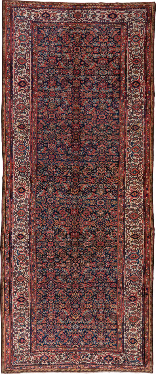 7' x 17' one-of-a-kind handmade vintage Mahal rug. Color palette: black, blue, brown, gray, light gray, pink, red