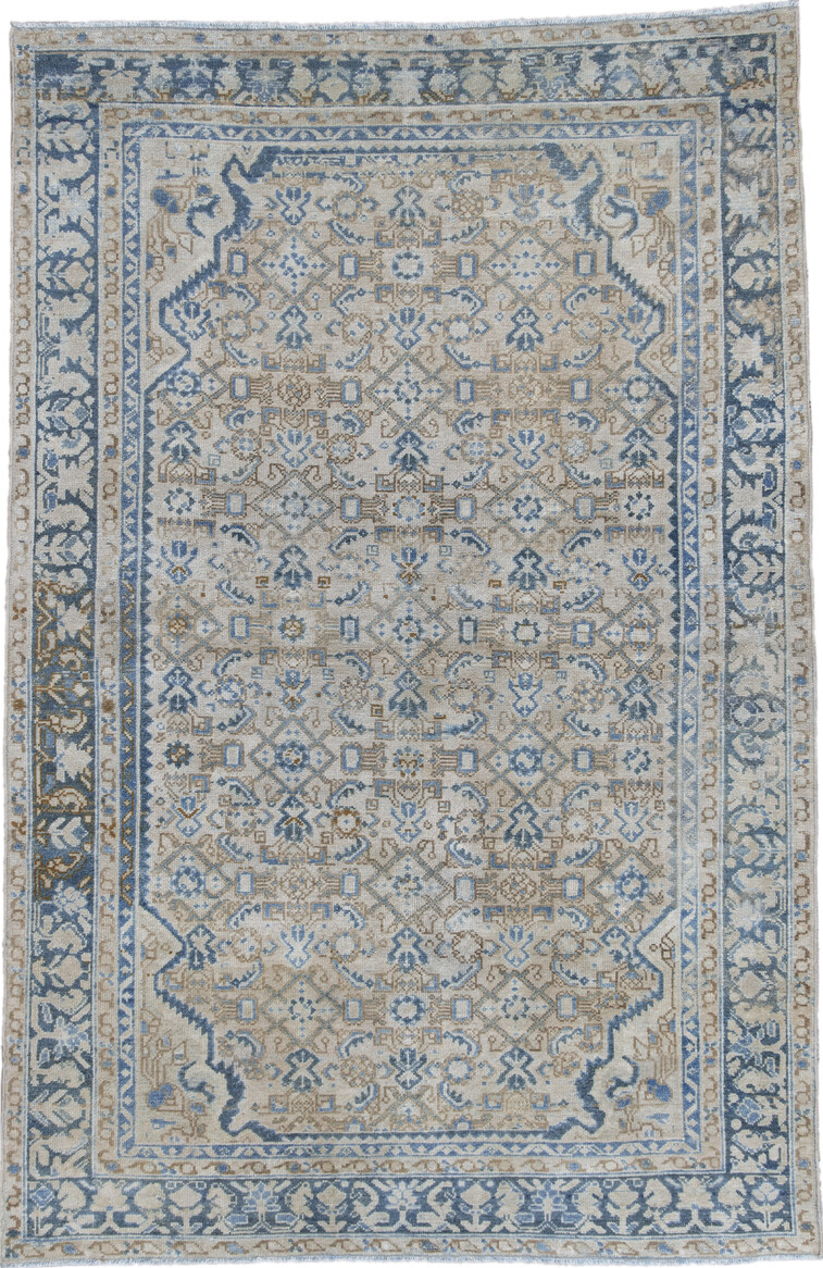 4' x 6' one-of-a-kind handmade vintage Malayer small size rug. Color palette: blue, dark gray, dim gray, gray, light blue
