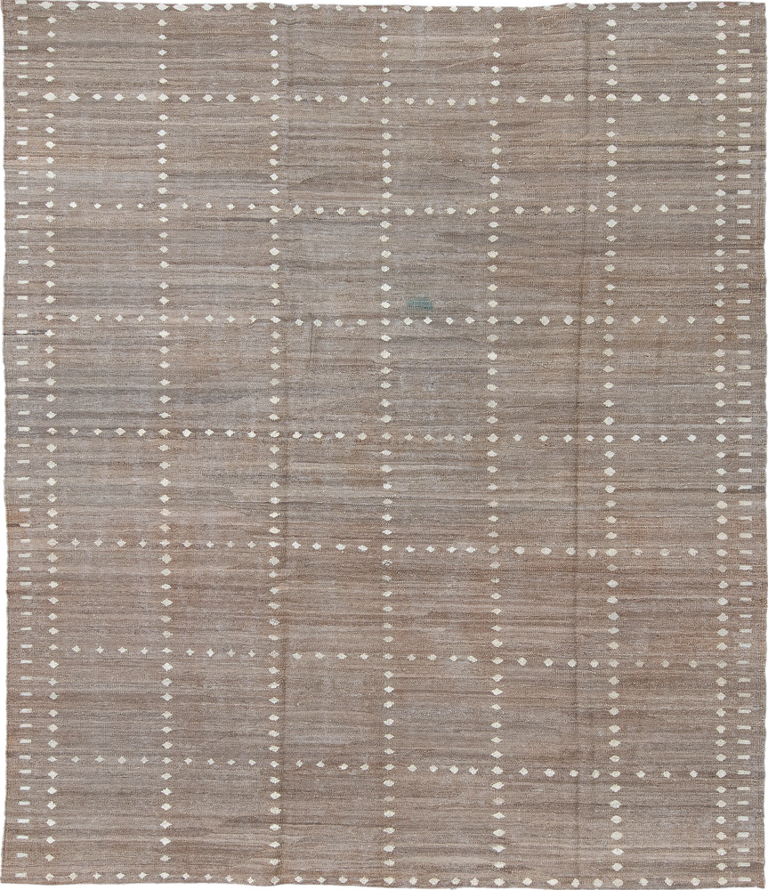 8' x 9' one-of-a-kind handmade vintage Kilim rug. Color palette: black, brown, dim gray, gray, light blue, light gray