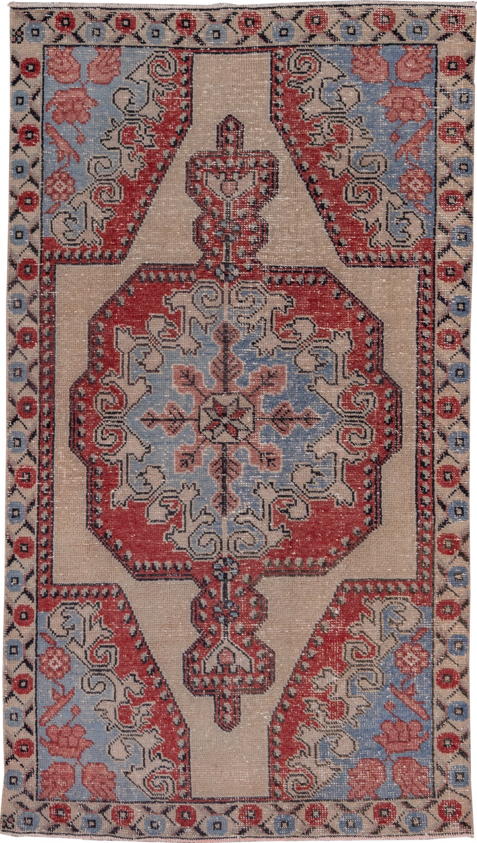 4' x 7' one-of-a-kind handmade vintage Oushak rug. Color palette: black, blue, brown, gray, light gray, off-white, pink, red