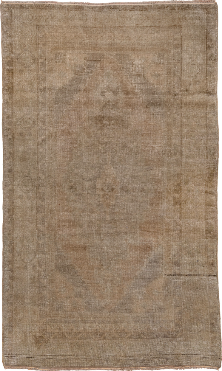 4' x 7' one-of-a-kind handmade vintage Oushak rug. Color palette: brown, gray, light gray, off-white, pink, snow, white