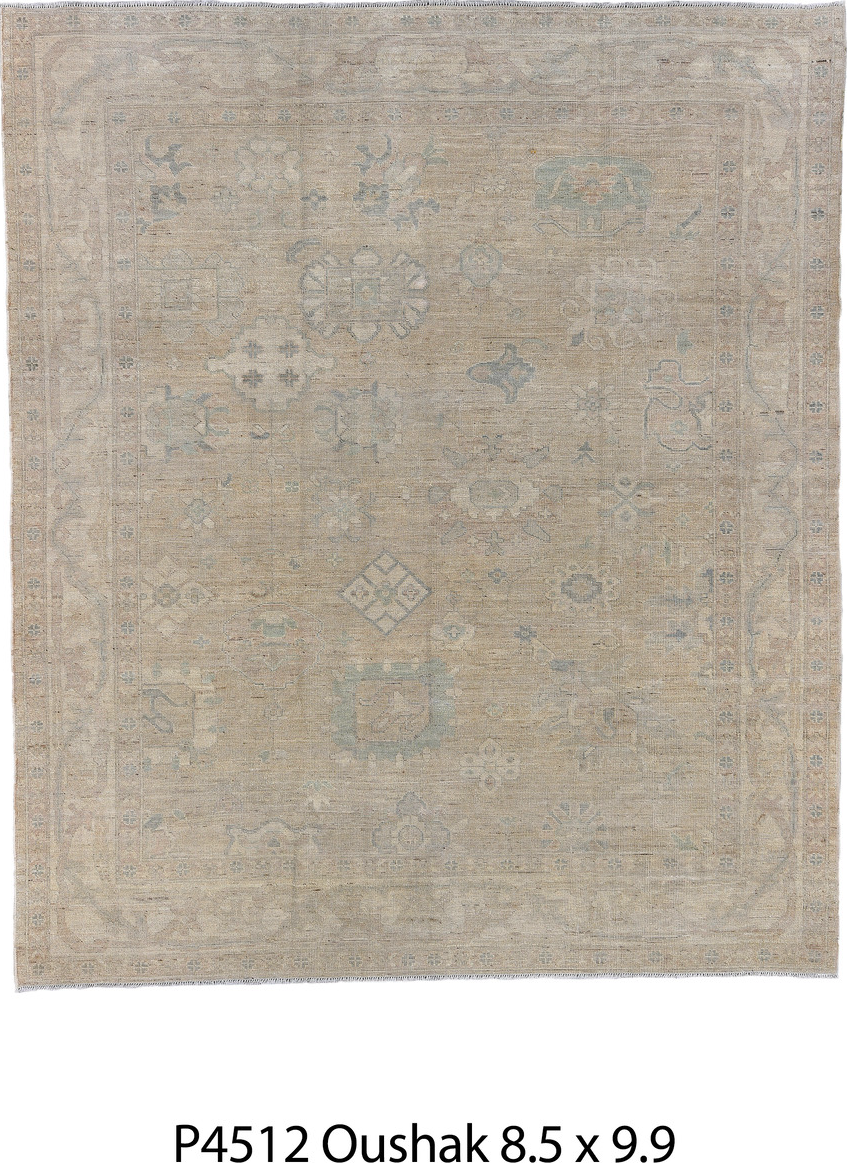 8' x 9' one-of-a-kind handmade vintage Oushak rug. Color palette: black, brown, gray, light gray, off-white, pink