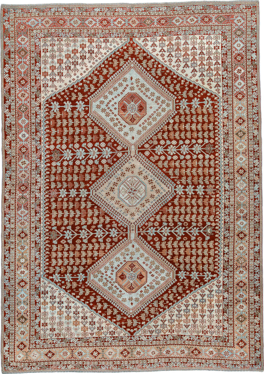 6' x 9' one-of-a-kind handmade vintage Shiraz medium size rug. Color palette: brown, gray, light gray, off-white, orange