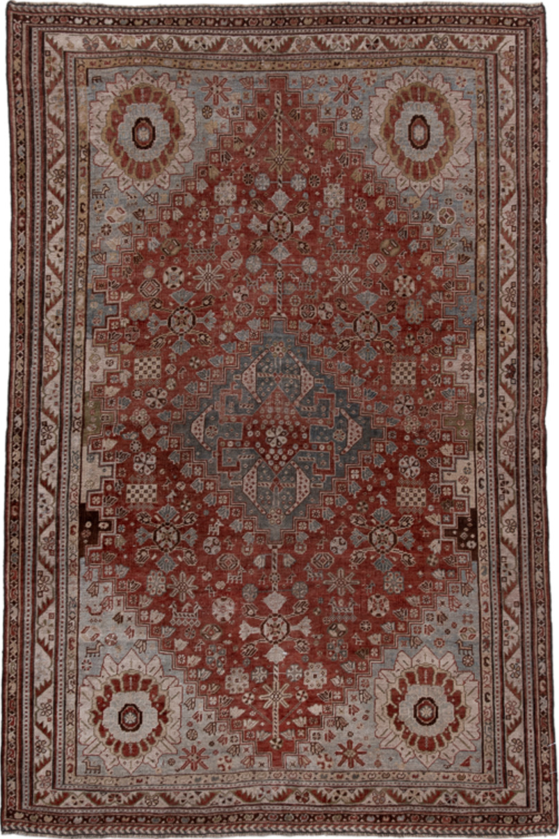 4' x 6' one-of-a-kind handmade vintage Qashqai small size rug. Color palette: black, brown, charcoal, dim gray, gray, pink