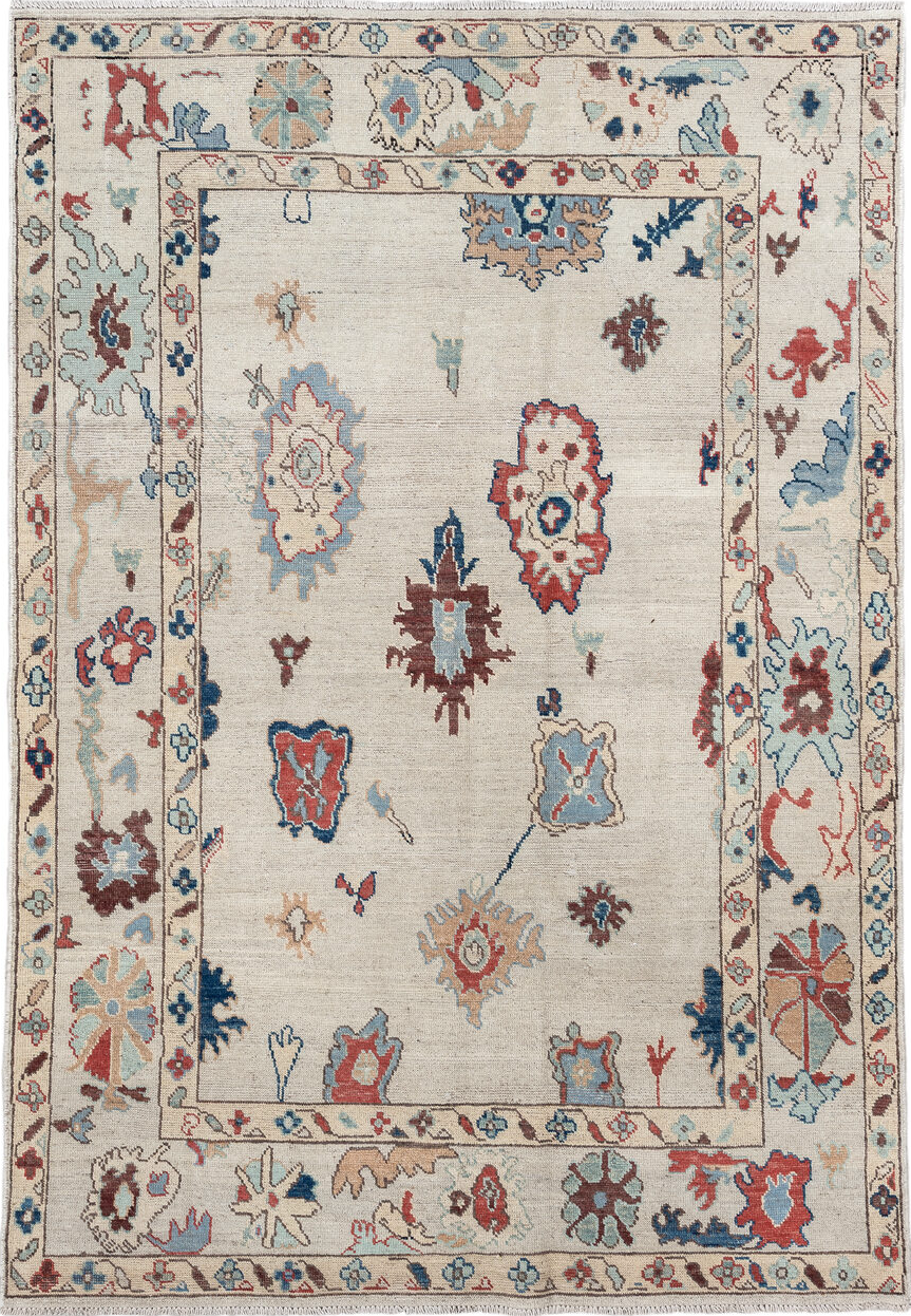 5' x 7' one-of-a-kind handmade vintage Oushak rug. Color palette: brown, gray, red, pink, blue, off-white, light gray, linen