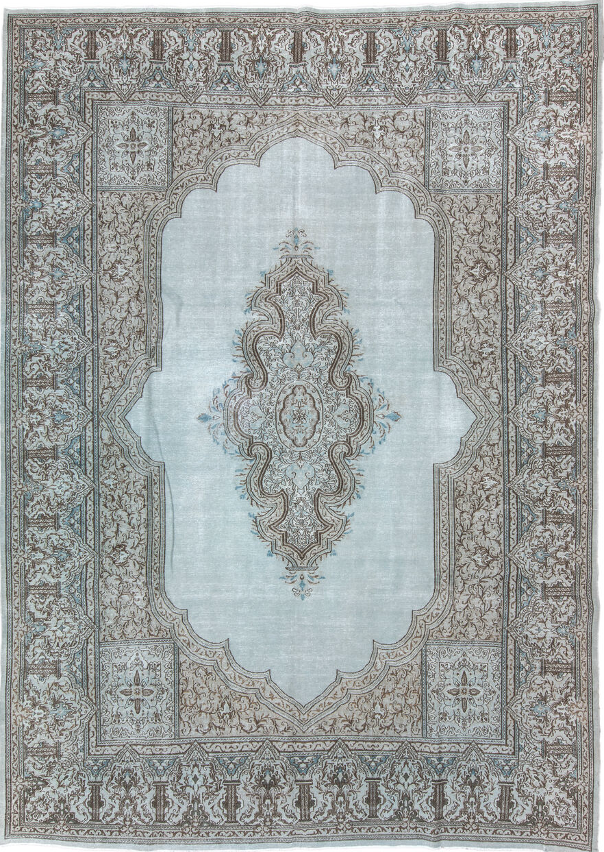 9' x 12' one-of-a-kind handmade vintage large size rug. Color palette: gray, light gray, off-white, light blue, black