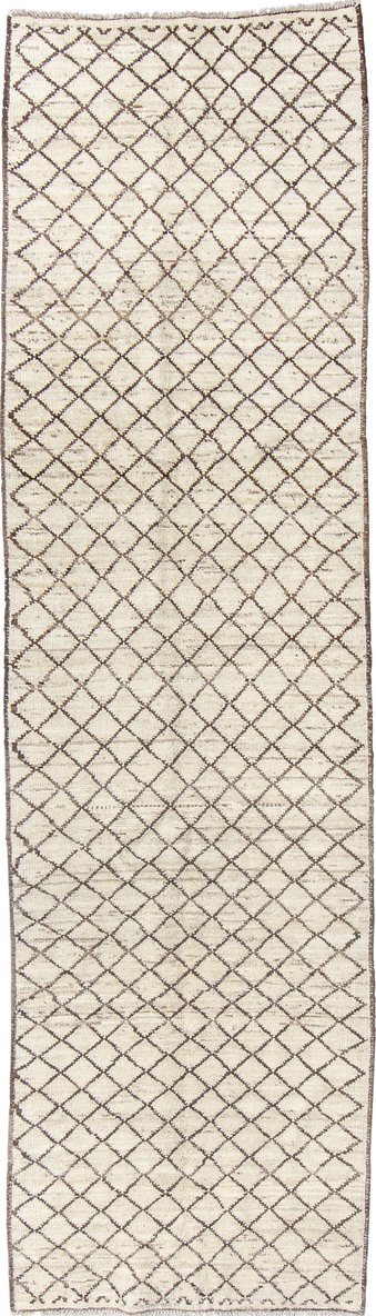 2' x 9' one-of-a-kind handmade vintage Tulu runner rug. Color palette: black, brown, gainsboro, gray, light gray, off-white