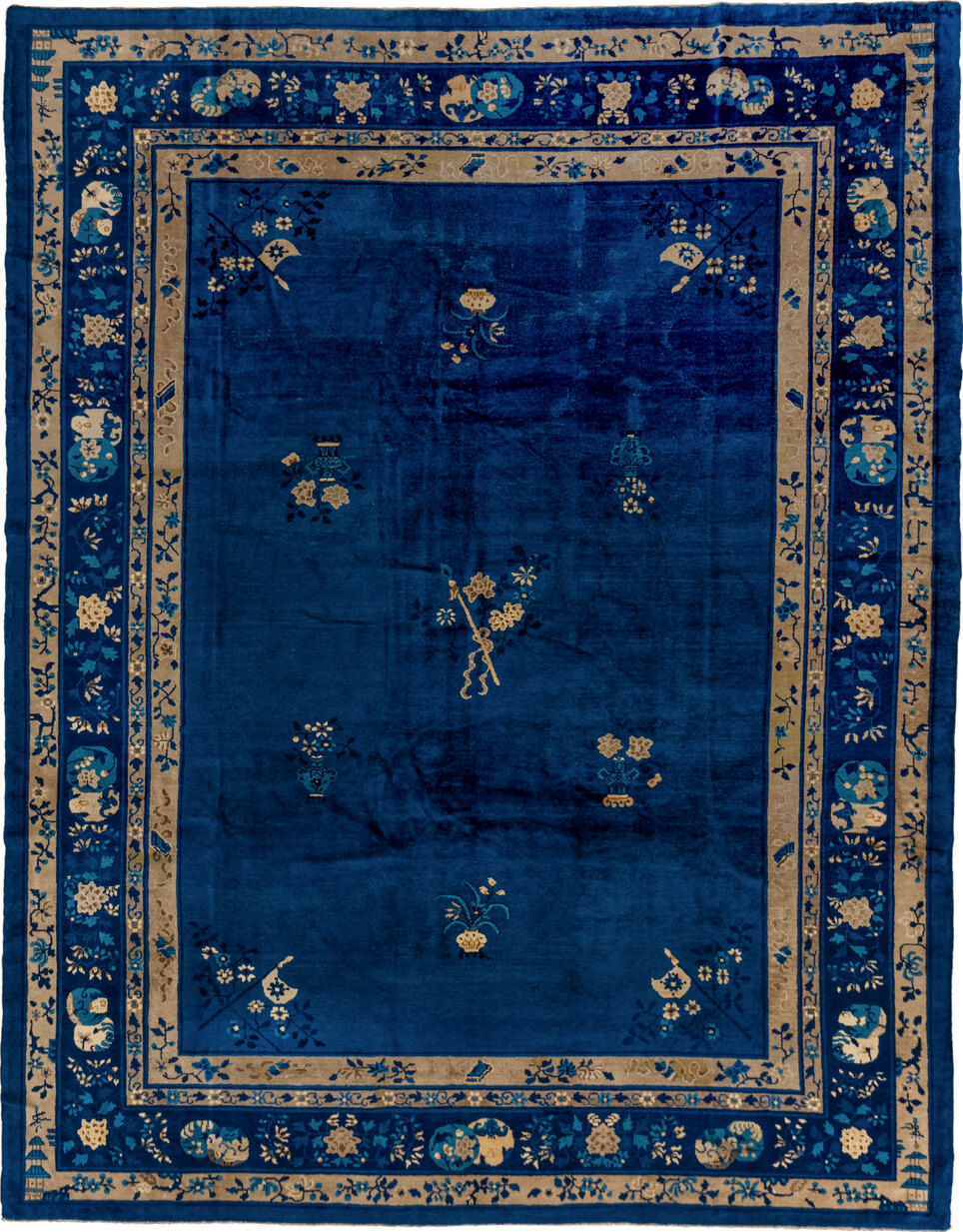 9' x 12' one-of-a-kind handmade vintage Chinese large size rug. Color palette: blue, brown, gray, tan