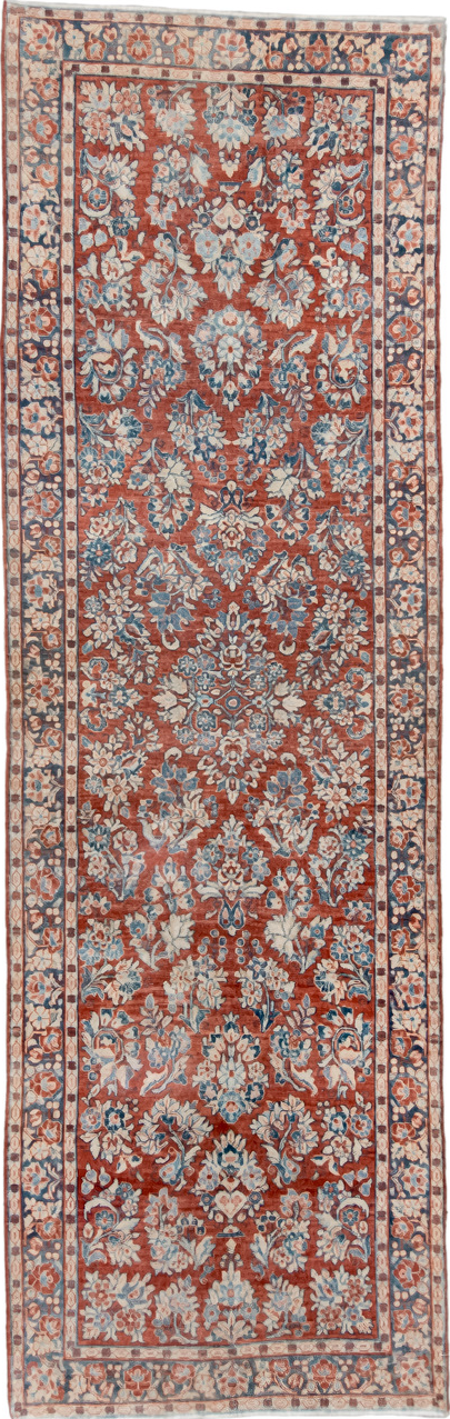 3' x 11' one-of-a-kind handmade vintage Sarouk runner rug. Color palette: blue, brown, dark gray, dim gray, gray, light gray