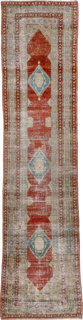 2' x 11' one-of-a-kind handmade vintage Malayer runner rug. Color palette: brown, dim gray, gray, light gray, off-white