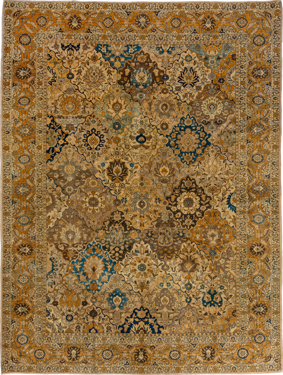 9' x 12' one-of-a-kind handmade vintage Tabriz large size rug. Color palette: black, blue, brown, burlywood, charcoal, gray