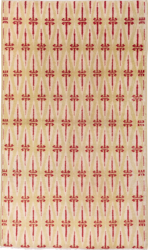 4' x 8' one-of-a-kind handmade vintage Zeki Muran rug. Color palette: brown, burgundy, burlywood, off-white, orange, pink
