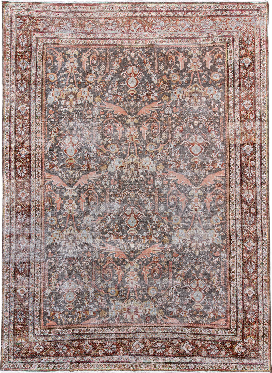 10' x 14' one-of-a-kind handmade vintage Mahal large size rug. Color palette: black, brown, dark gray, dim gray, gainsboro