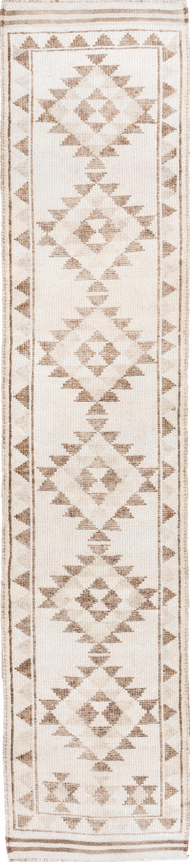 2' x 12' one-of-a-kind handmade vintage Kars runner rug. Color palette: antiquewhite, brown, gainsboro, gray, lavender blush