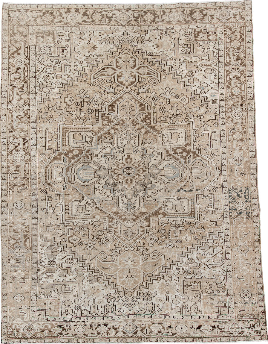 8' x 11' one-of-a-kind handmade vintage Heriz large size rug. Color palette: black, brown, gray, light gray, off-white, pink