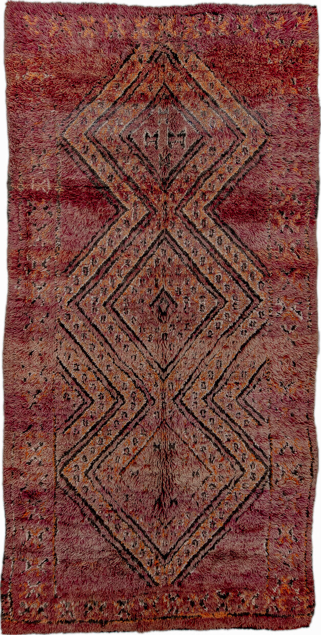 6' x 12' one-of-a-kind handmade vintage Moroccan large size rug. Color palette: red, brown, pink, off-white, gray