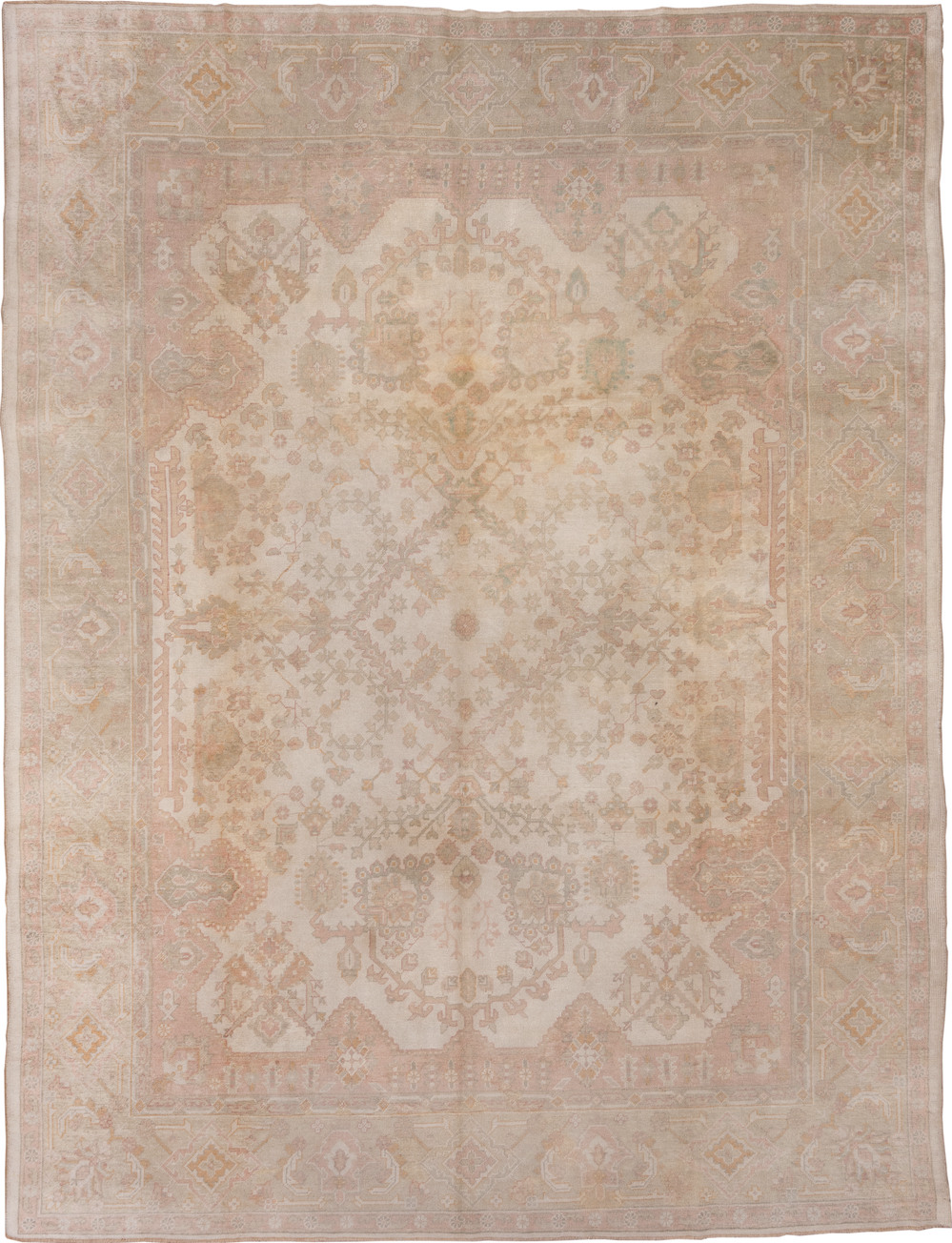 9' x 12' one-of-a-kind handmade vintage Oushak large size rug. Color palette: brown, gray, light gray, off-white, orange