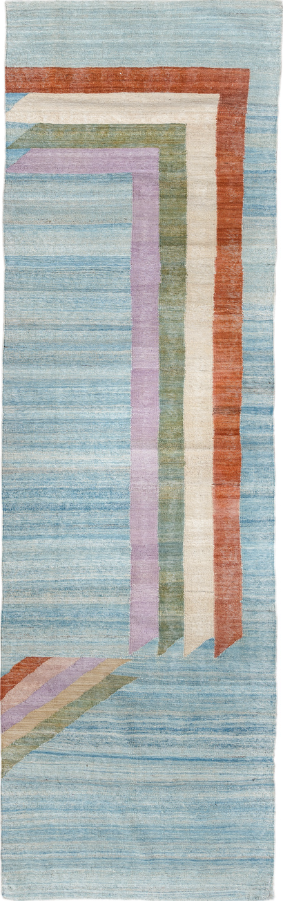 2' x 9' one-of-a-kind handmade vintage Kilim runner rug. Color palette: blue, brown, gainsboro, gray, light blue, light gray