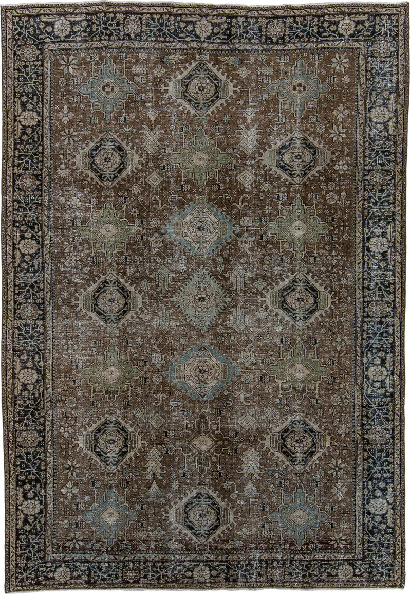 7' x 10' one-of-a-kind handmade vintage Karaje large size rug. Color palette: black, brown, charcoal, dark gray, dim gray
