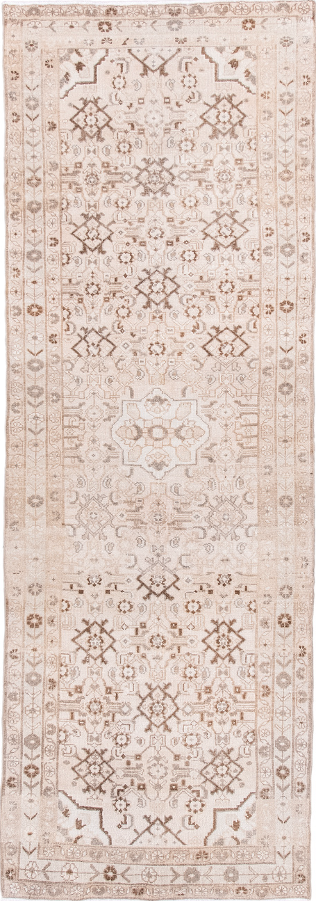 3' x 9' one-of-a-kind handmade vintage Hamadan runner rug. Color palette: antiquewhite, brown, gray, light gray, linen