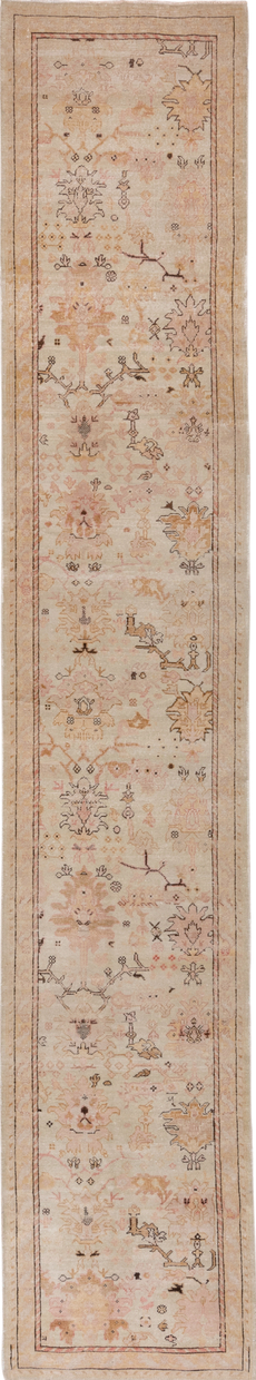 2' x 13' one-of-a-kind handmade vintage Sivas runner rug. Color palette: brown, gray, light gray, off-white, pink, snow