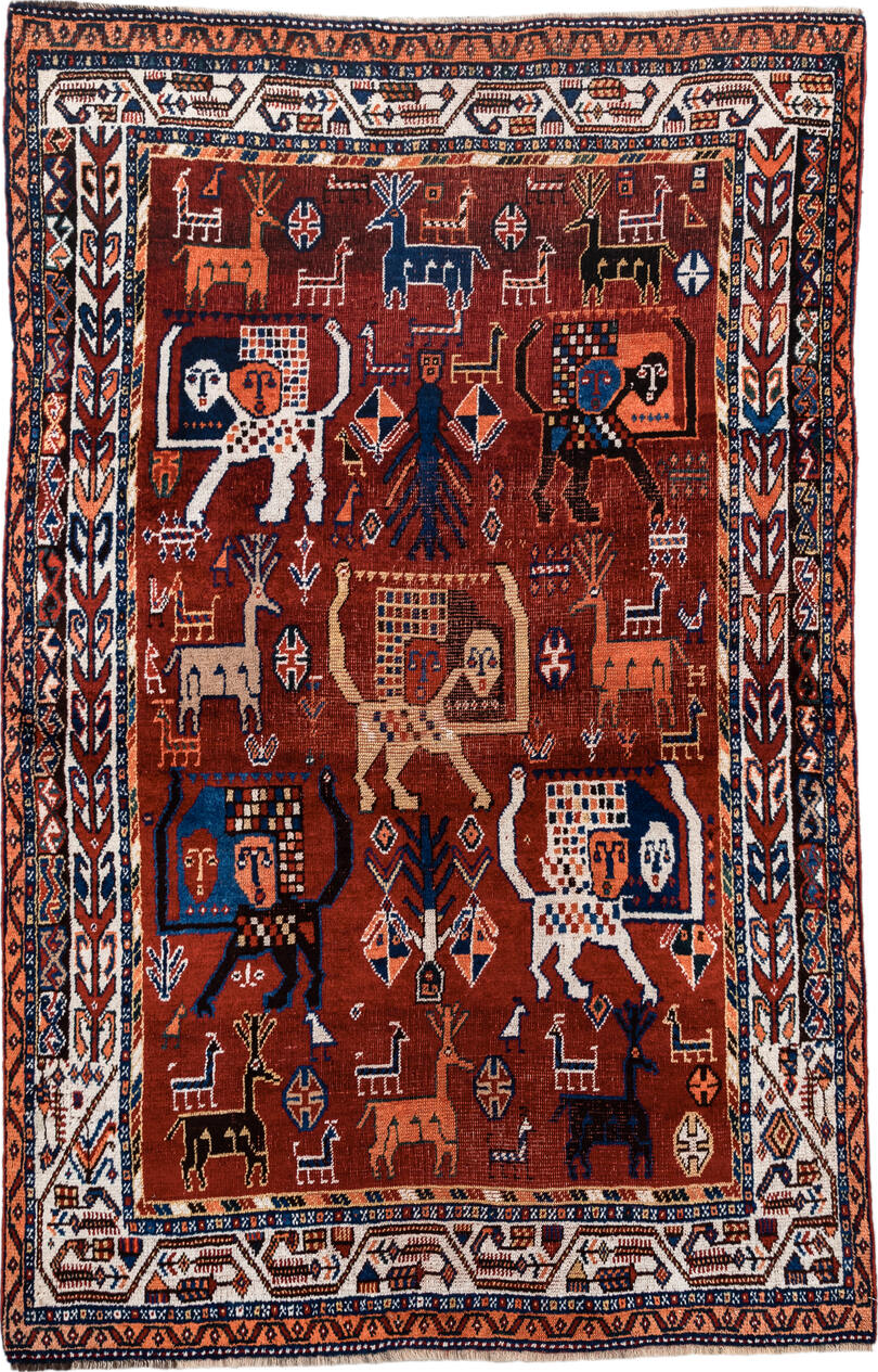 4' x 6' one-of-a-kind handmade vintage Shiraz small size rug. Color palette: antiquewhite, blue, brown, dark gray, gray
